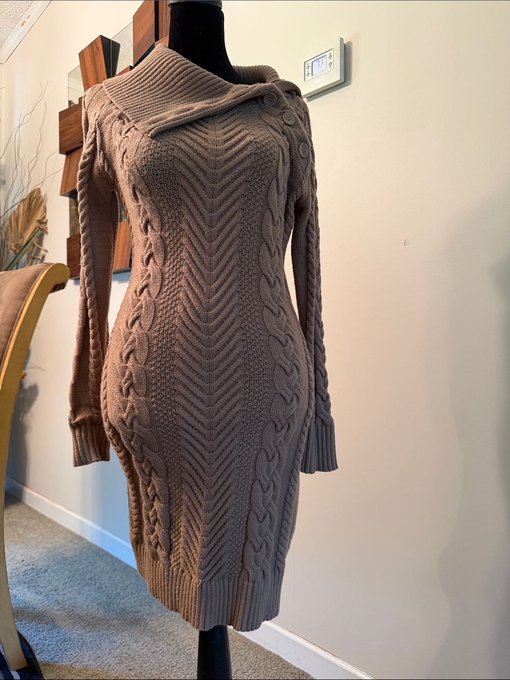 Cozy Cable-Knit Turtleneck Sweater Dress - Taupe